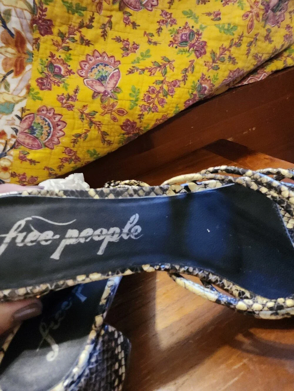 Free People Black and Cream Snake-Print Strappy Heeled Mules Sandals